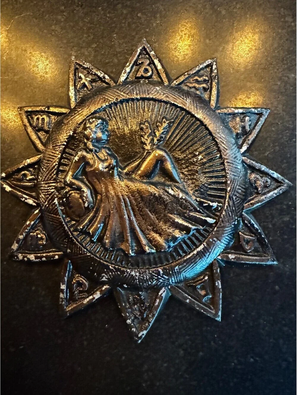 Vintage 1969 E. MESA Cast Aluminum Zodiac Sunburst Wall Plaque - VIRGO Virgin